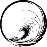 Sketchy engraving emblem of round ring frame in the shape of a tidal wave in monochrome. Engraving minimalistic image in black ink drawing on white background vector
