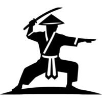 Sport emblem of ancient monk Chinese soldier wearing straw hat with fighting sword in attack stance in monochrome. Engraving minimalistic image in black ink drawing on white background vector