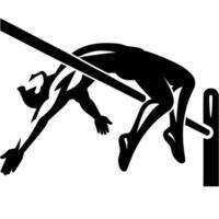 Sport emblem of high jumper athlete jumps over bar in monochrome. Engraving minimalistic image in black ink drawing on white background vector