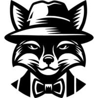 Tattoo of sly fox thief in a gangster hat looks with a sly look in monochrome. Engraving minimalistic image in black ink drawing on white background vector