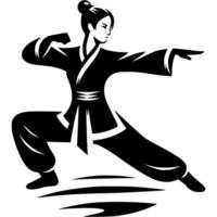 Sport silhouette of girl in kung fu fighting stance in monochrome. Engraving minimalistic image in black ink drawing on white background vector