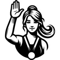 Sport emblem of girl gymnast tournament winner greets fans in monochrome. Engraving minimalistic image in black ink drawing on white background vector