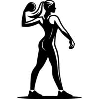 Sport emblem of young girl athlete preparing to push shot put at competition in monochrome. Engraving minimalistic image in black ink drawing on white background vector