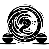 Prayer place with a magical portal in the center and stone bowls for incense in monochrome. Engraving minimalistic image in black ink drawing on white background vector