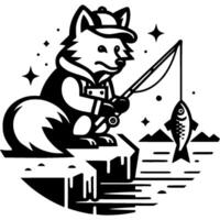 Fox dressed in winter fishing clothes caught a fish with a fishing rod in monochrome. Engraving minimalistic image in black ink drawing on white background vector