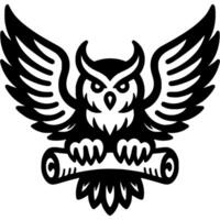 Tattoo of flying owl with its wings spread wide carries scroll letter in monochrome. Engraving minimalistic image in black ink drawing on white background vector