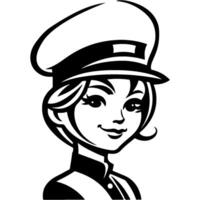 Tattoo emblem of attractive police girl in an old uniform and headdress in monochrome. Engraving minimalistic image in black ink drawing on white background vector