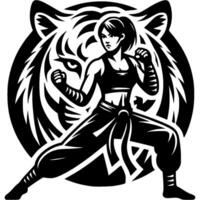 Sport emblem of girl kung fu tiger style in monochrome. Engraving minimalistic image in black ink drawing on white background vector