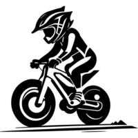 Sketchy sport emblem of aspiring young biker athlete in a protective helmet races on a miniature motorcycle in monochrome. Engraving minimalistic image in black ink drawing on white background vector