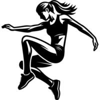 Sport emblem of parkour girl in free flight jumping over an obstacle in monochrome. Engraving minimalistic image in black ink drawing on white background vector