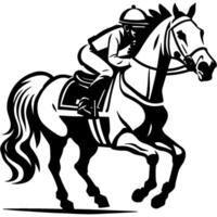 Horse rider races around a racetrack on horseback in monochrome. Engraving minimalistic image in black ink drawing on white background vector