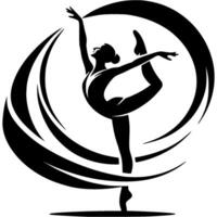 Sport emblem of girl gymnast surrounded by a swirling whirlwind of silk ribbons in monochrome. Engraving minimalistic image in black ink drawing on white background vector