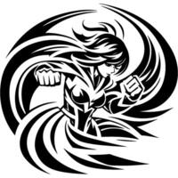 Tattoo emblem of fairy girl warrior delivers a straight punch with great energy in monochrome. Engraving minimalistic image in black ink drawing on white background vector