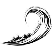 Sketchy engraving emblem of high wave breaks on the shore in monochrome. Engraving minimalistic image in black ink drawing on white background vector