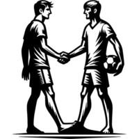 Tattoo emblem of team captains beach soccer players shake hands as sign of respect before start of match in monochrome. Engraving minimalistic image in black ink drawing on white background vector