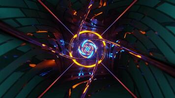 Reflective tunnel with neon circles and neon tubes. Loop animation video