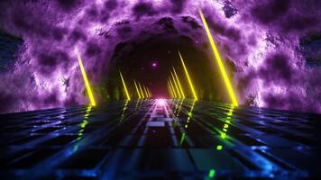 Tunnel with neon lights and purple background with black and yellow pattern. Loop animation video