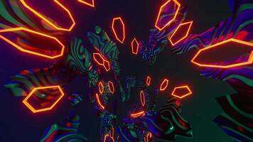Abstract circular tunnel of neon lights in dark with zebras. Looped animation video