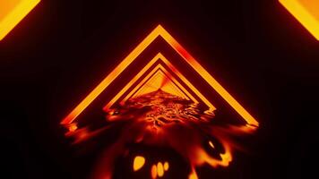 Red and yellow triangle with black background and reflective floor. Looped animation video