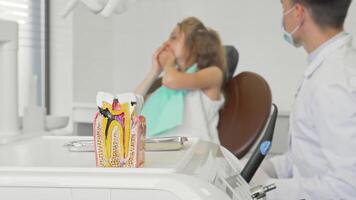 Child's fear of the dentist highlighted by an unhealthy tooth model video