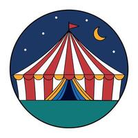 A nighttime view of a lit up circus tent with a dark blue sky. Icons vector