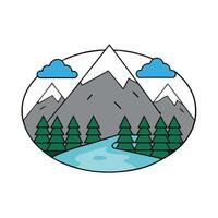 Foggy forest with pine trees and mountains in the background. Icons vector