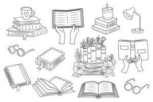 Books doodle set. Reading and library concept. Perfect for coloring pages, library themes, or educational materials vector