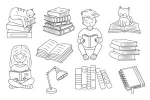 Library, books and reading doodle set. Perfect for coloring pages, library themes, or educational materials vector