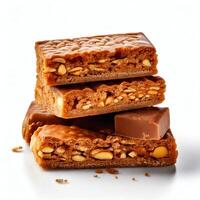 A stack of peanut butter bars with nuts on top photo