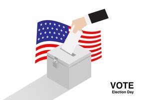 voter dropping ballot card in the election box with the national flag of the USA background vector