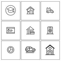 a set of nine icons including a car, house, and other items vector