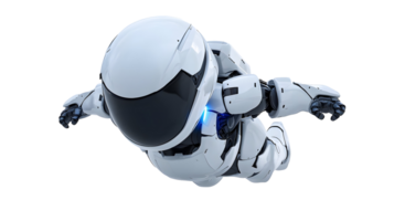 Futuristic robotic figure in flight against a backdrop of contrasting colors. png