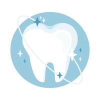 Clean and protected tooth with sparkling shield. Dental care, whitening, and protection concept. vector