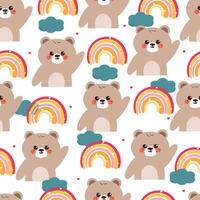 seamless pattern cute cartoon bear with rainbow, clouds and sky element. cute animal pattern for wallpaper and background vector