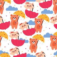 seamless pattern cute cartoon bear and pig with umbrella and sky element. cute pattern for wallpaper, background and gift wrap paper vector