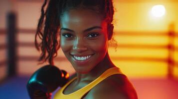 Young african female boxer smiling confidently in vibrant boxing gym with warm sunset lighting and intense determination. Ring boxing competitions photo