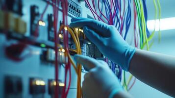 Gloved hands of a young caucasian adult operating network cables in a vibrant electrical panel for system maintenance in a high-tech environment. Adjustment electrical panel photo