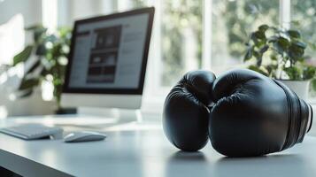 Black boxing gloves on modern office desk with computer and greenery highlighting fitness and productivity in contemporary work environments. Ring boxing competitions photo