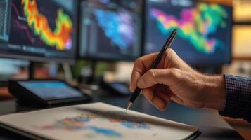 Hand of caucasian adult male analyzing data visualization on paper with pen in financial office with computer monitors displaying colorful graphs. Weather service office photo