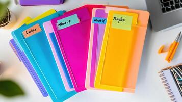 Colorful file folders displayed on a desk, featuring sticky notes labeled later, what if, and maybe, among office supplies. Deadline approaching photo