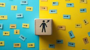 Cubic symbol of growth and direction surrounded by colorful arrows on vibrant yellow and blue background. Deadline approaching photo