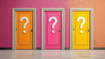 Three vibrantly colored doors with question marks symbolizing choices and decisions in life, featuring orange, pink, and yellow on a textured wall. Deadline approaching photo