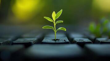 A small green seedling growing through a black keyboard symbolizing innovation and nature's resilience in a digital world. Eco-friendly computer technology photo