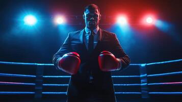Strong young caucasian male boxer in a sharp suit with red gloves in a dramatic boxing ring setting under blue and red lights. Ring boxing competitions photo