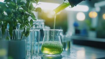 Laboratory experiment with green liquid in beaker and test tubes in eco-friendly setting. Stream of fuel pouring photo