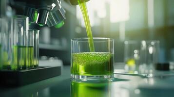 Science experiment with green liquid in laboratory setting for education and research. Stream of fuel pouring photo