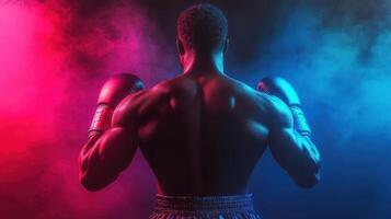 Powerful african male boxer facing away in dramatic red and blue smoke with gloves and muscular definition in intense setting. Ring boxing competitions photo