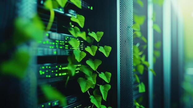 Technological harmony, vivid green leaves intertwine with modern server racks illustrating nature's integration into digital environments. Eco-friendly computer technology photo
