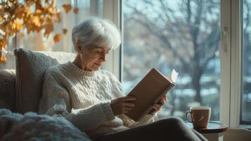Elderly caucasian woman relaxing by the window in cozy sweater, engrossed in a book with autumn leaves and warm tea on a peaceful afternoon photo