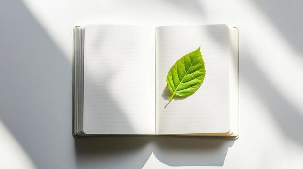 Minimalist nature-inspired concept with leaf on open notebook for design and inspiration. Symbolism of fresh starts photo